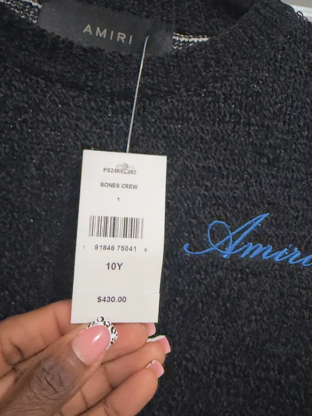 AMIRI Black Crewneck Sweater with Blue Sleeve Accents